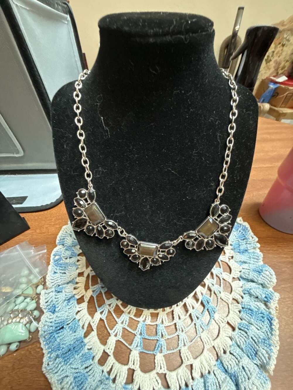 Unbranded Silver Tone Black Rhinestone Statement Necklace